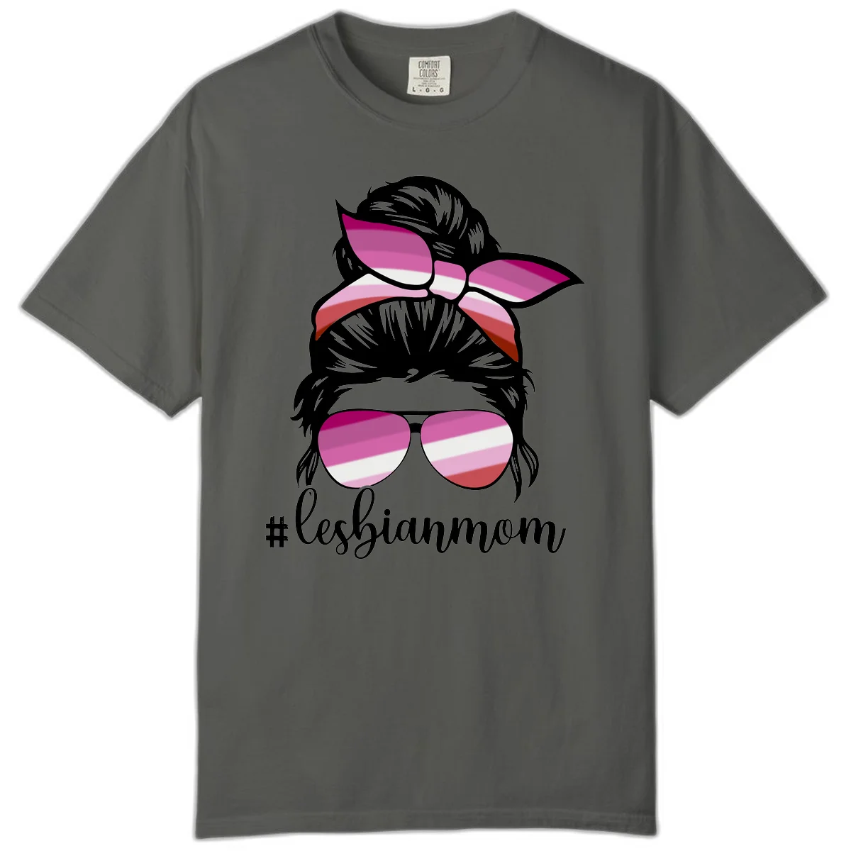 Illustration of a woman with black hair, pink bow, and aviator sunglasses featuring lesbian pride flag stripes with #lesbianmom text in Pepper