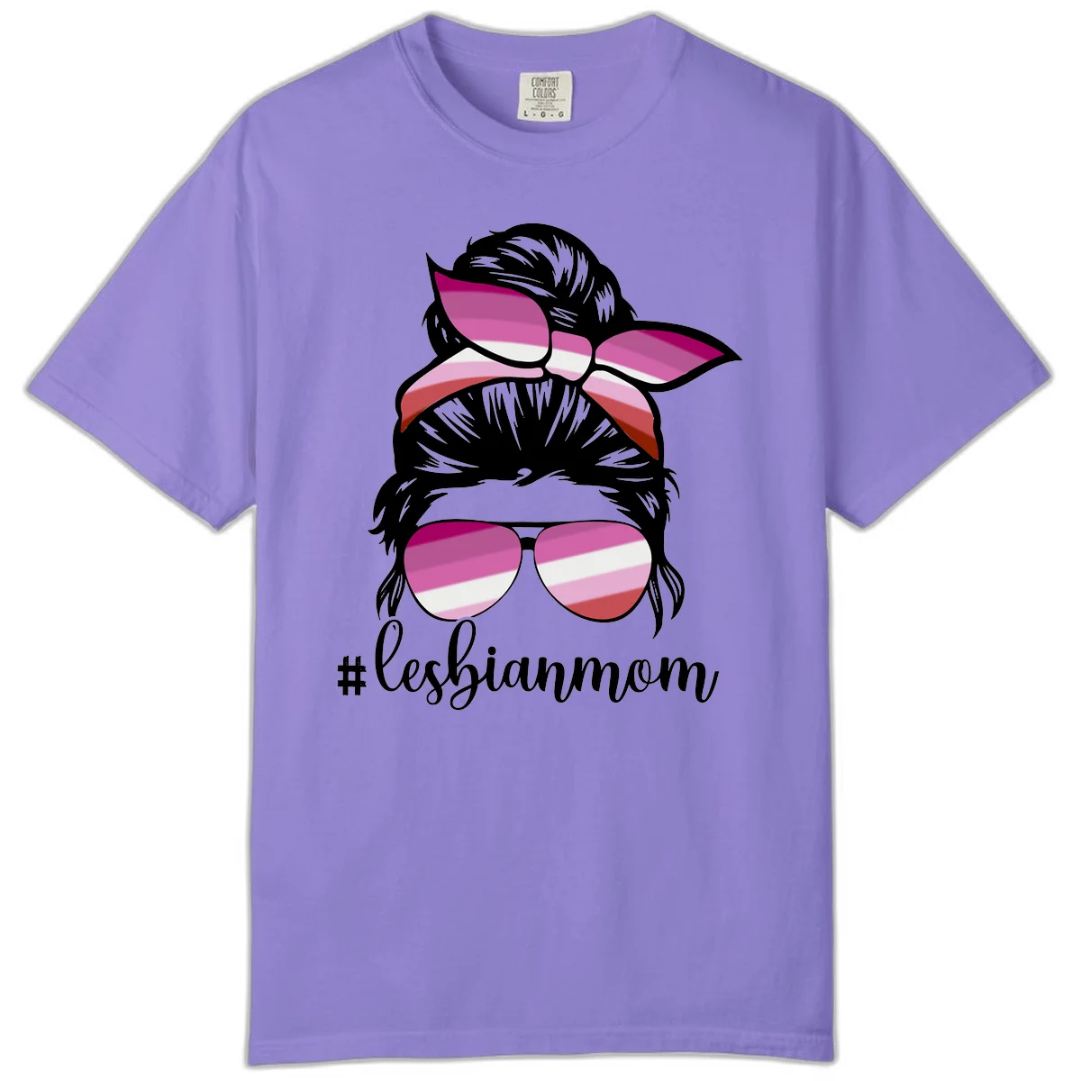 Illustration of a woman with black hair, pink bow, and aviator sunglasses featuring lesbian pride flag stripes with #lesbianmom text in Violet
