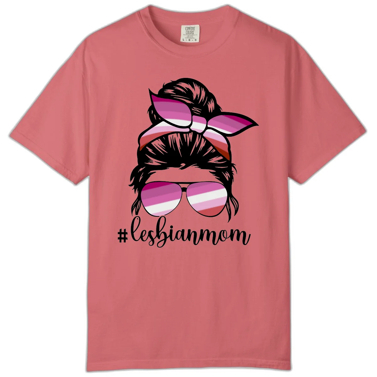 Illustration of a woman with black hair, pink bow, and aviator sunglasses featuring lesbian pride flag stripes with #lesbianmom text in Watermelon