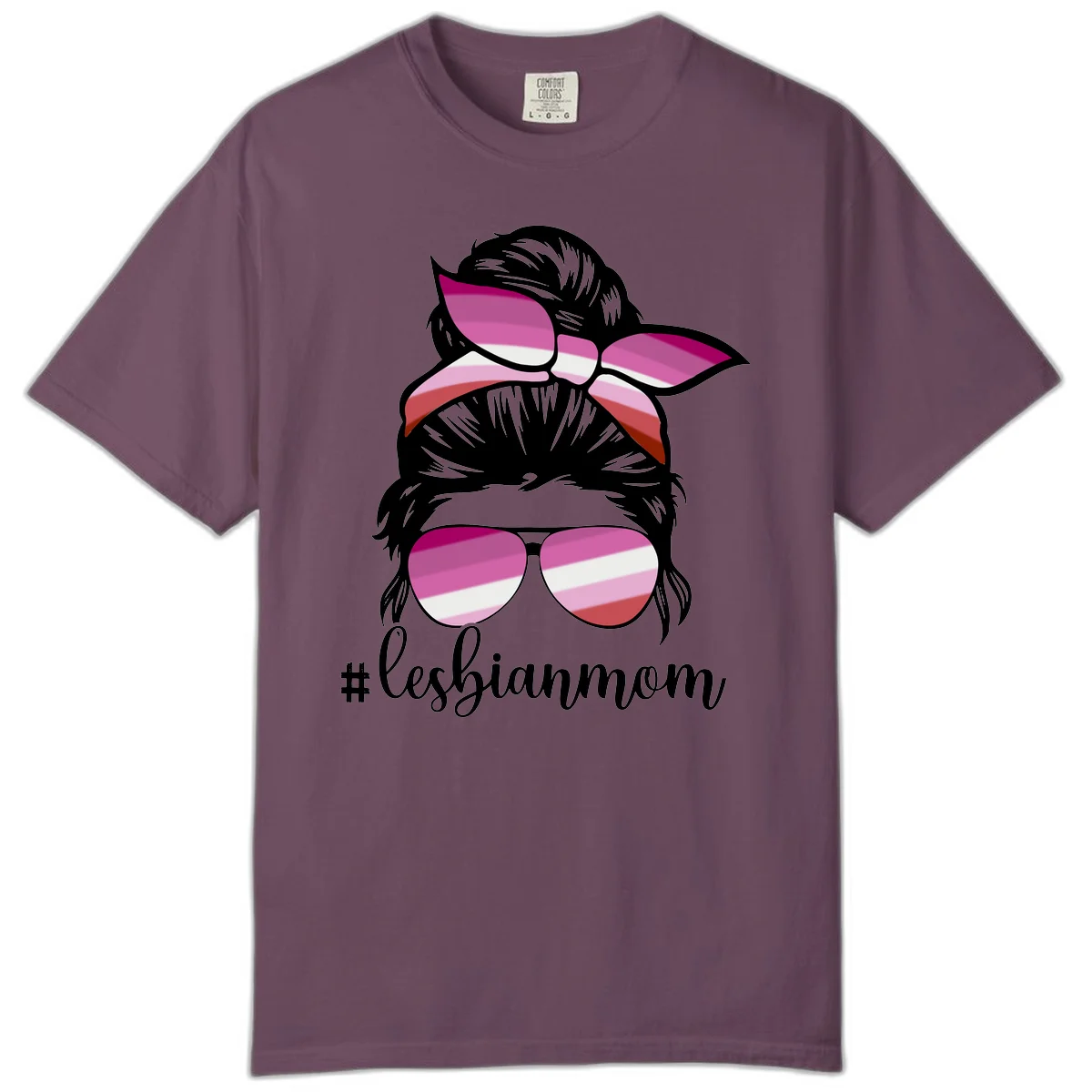 Illustration of a woman with black hair, pink bow, and aviator sunglasses featuring lesbian pride flag stripes with #lesbianmom text in Berry