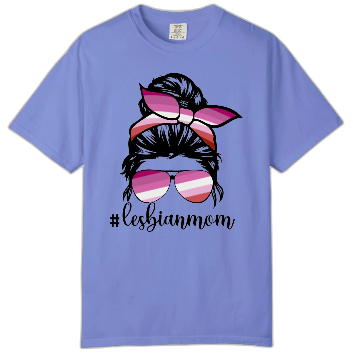 Illustration of a woman with black hair, pink bow, and aviator sunglasses featuring lesbian pride flag stripes with #lesbianmom text in Flo Blue