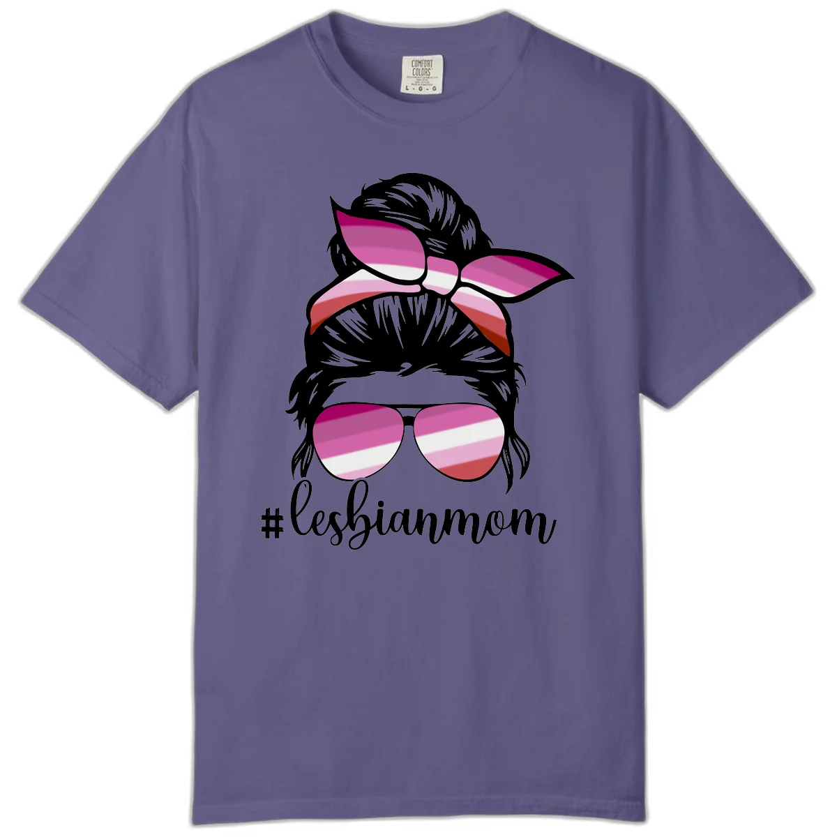 Illustration of a woman with black hair, pink bow, and aviator sunglasses featuring lesbian pride flag stripes with #lesbianmom text in Grape