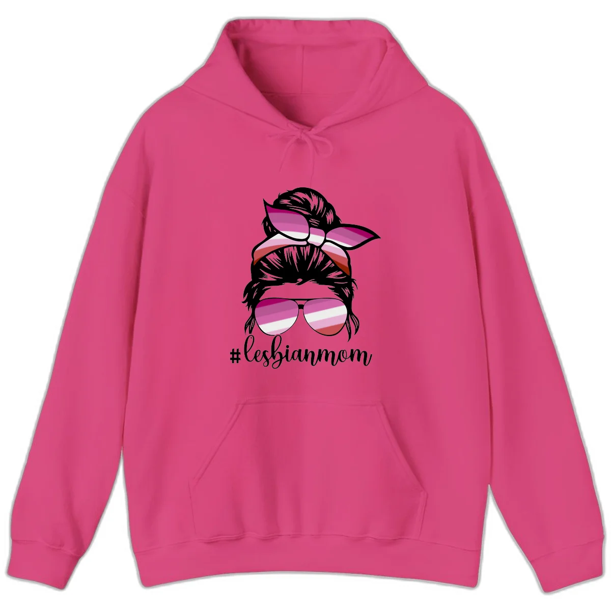 Illustration of a woman with black hair, pink bow, and aviator sunglasses featuring lesbian pride flag stripes with #lesbianmom text in Heliconia