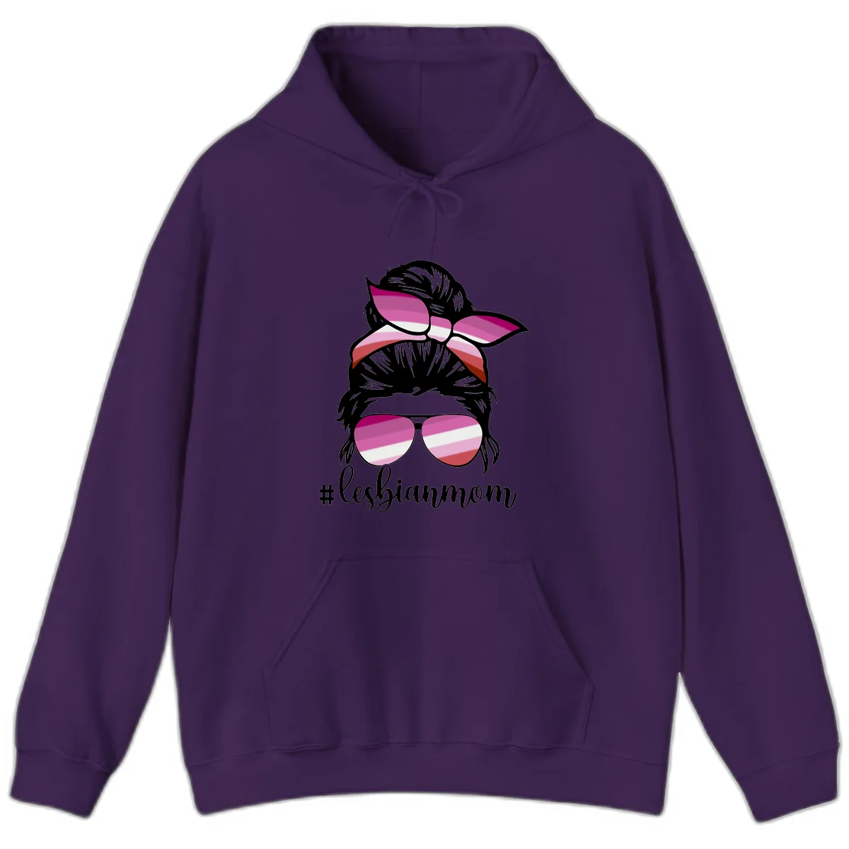 Illustration of a woman with black hair, pink bow, and aviator sunglasses featuring lesbian pride flag stripes with #lesbianmom text in Purple