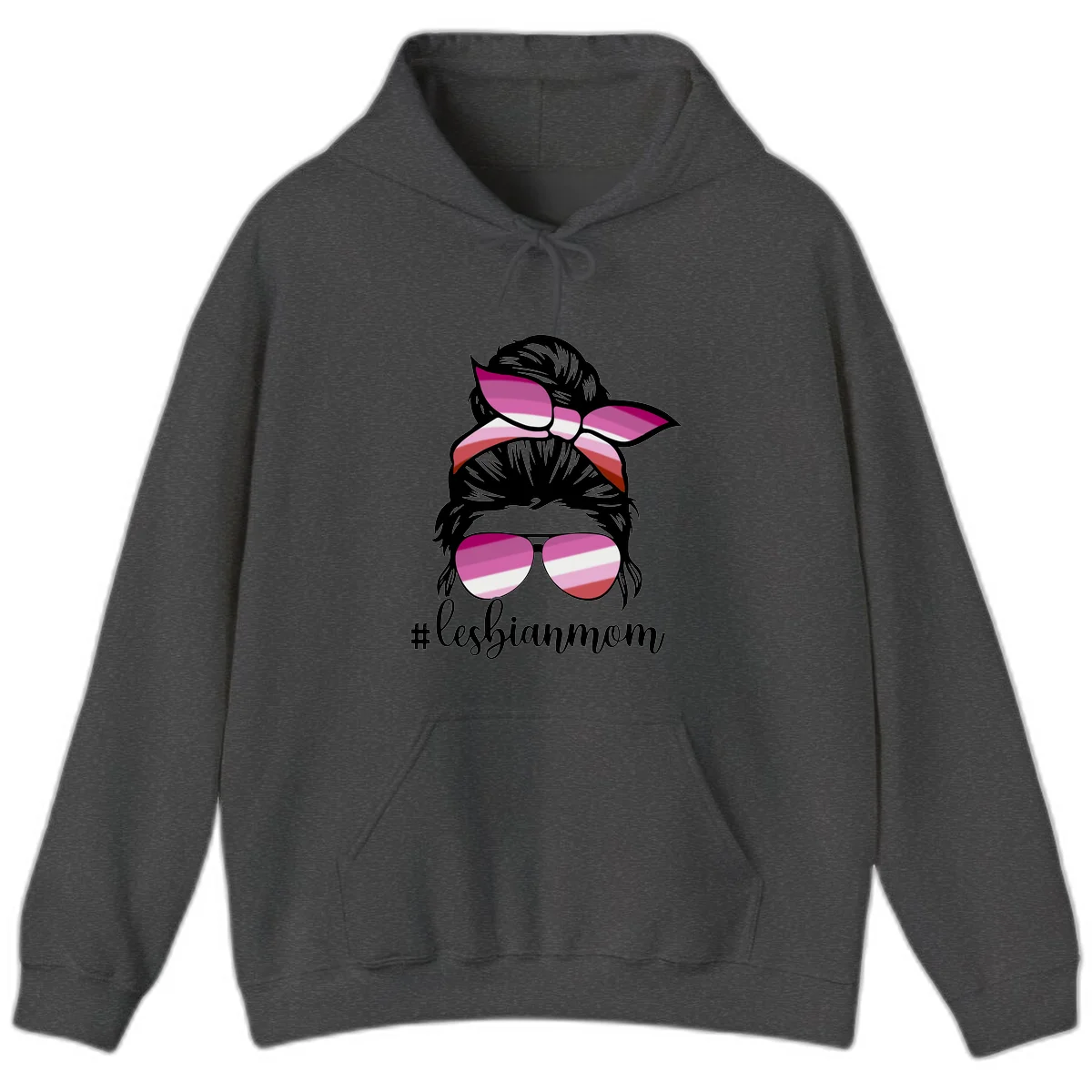 Illustration of a woman with black hair, pink bow, and aviator sunglasses featuring lesbian pride flag stripes with #lesbianmom text in Dark Heather