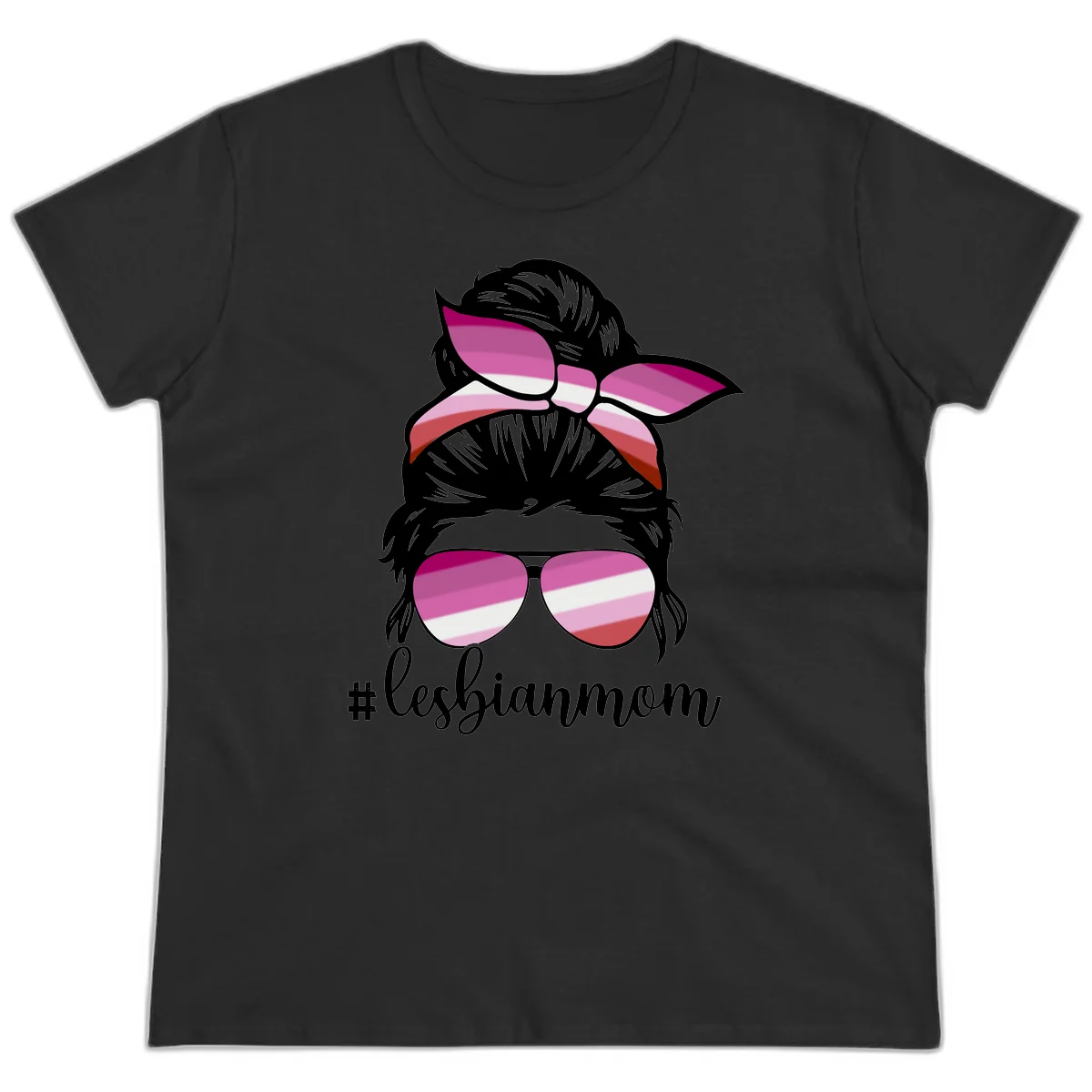 Illustration of a woman with black hair, pink bow, and aviator sunglasses featuring lesbian pride flag stripes with #lesbianmom text in Black