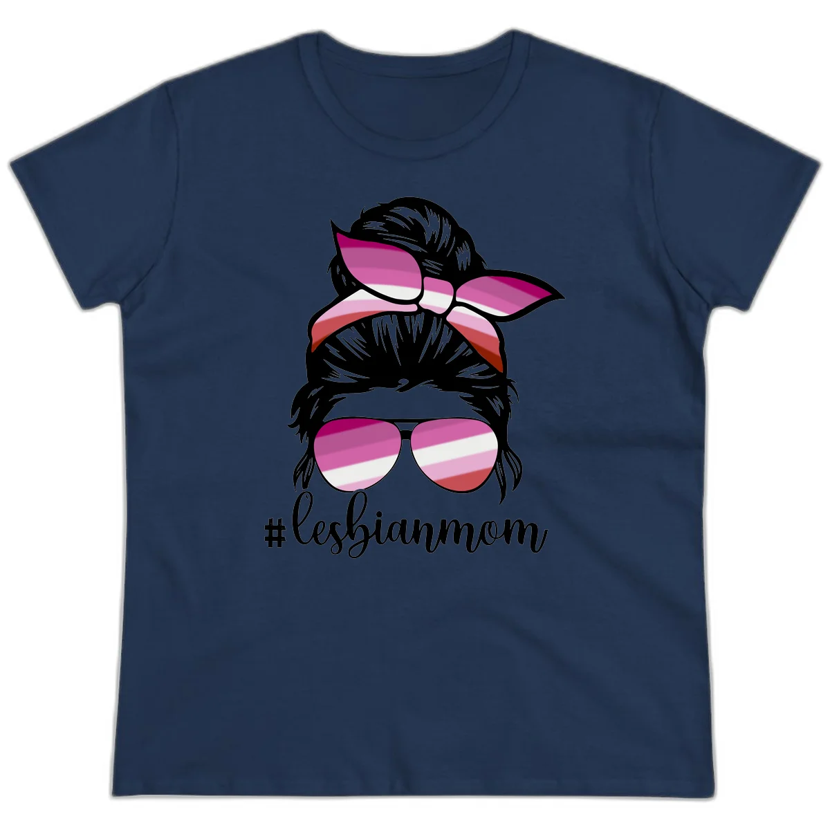 Illustration of a woman with black hair, pink bow, and aviator sunglasses featuring lesbian pride flag stripes with #lesbianmom text in Navy