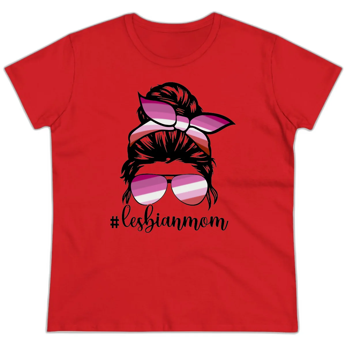 Illustration of a woman with black hair, pink bow, and aviator sunglasses featuring lesbian pride flag stripes with #lesbianmom text in Red