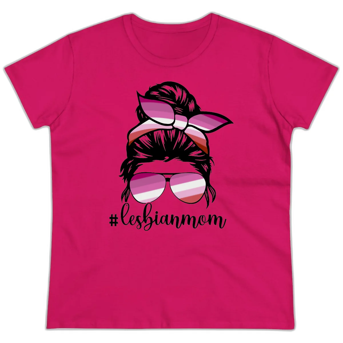 Illustration of a woman with black hair, pink bow, and aviator sunglasses featuring lesbian pride flag stripes with #lesbianmom text in Heliconia