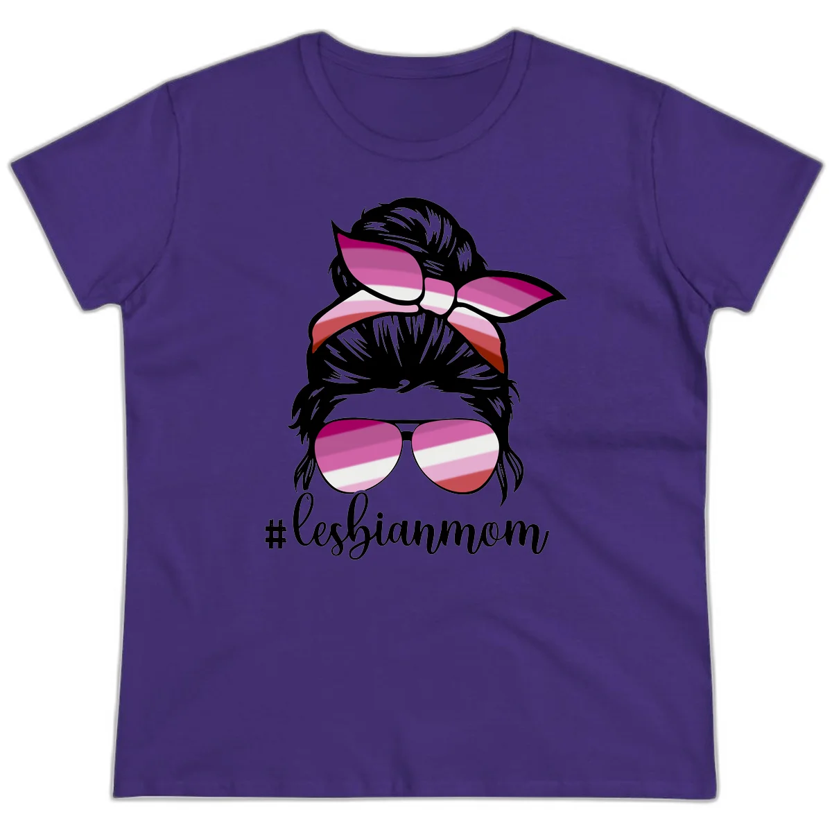 Illustration of a woman with black hair, pink bow, and aviator sunglasses featuring lesbian pride flag stripes with #lesbianmom text in Purple