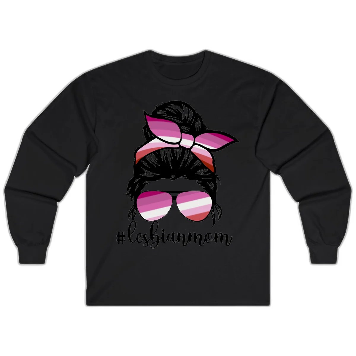 Illustration of a woman with black hair, pink bow, and aviator sunglasses featuring lesbian pride flag stripes with #lesbianmom text in Black