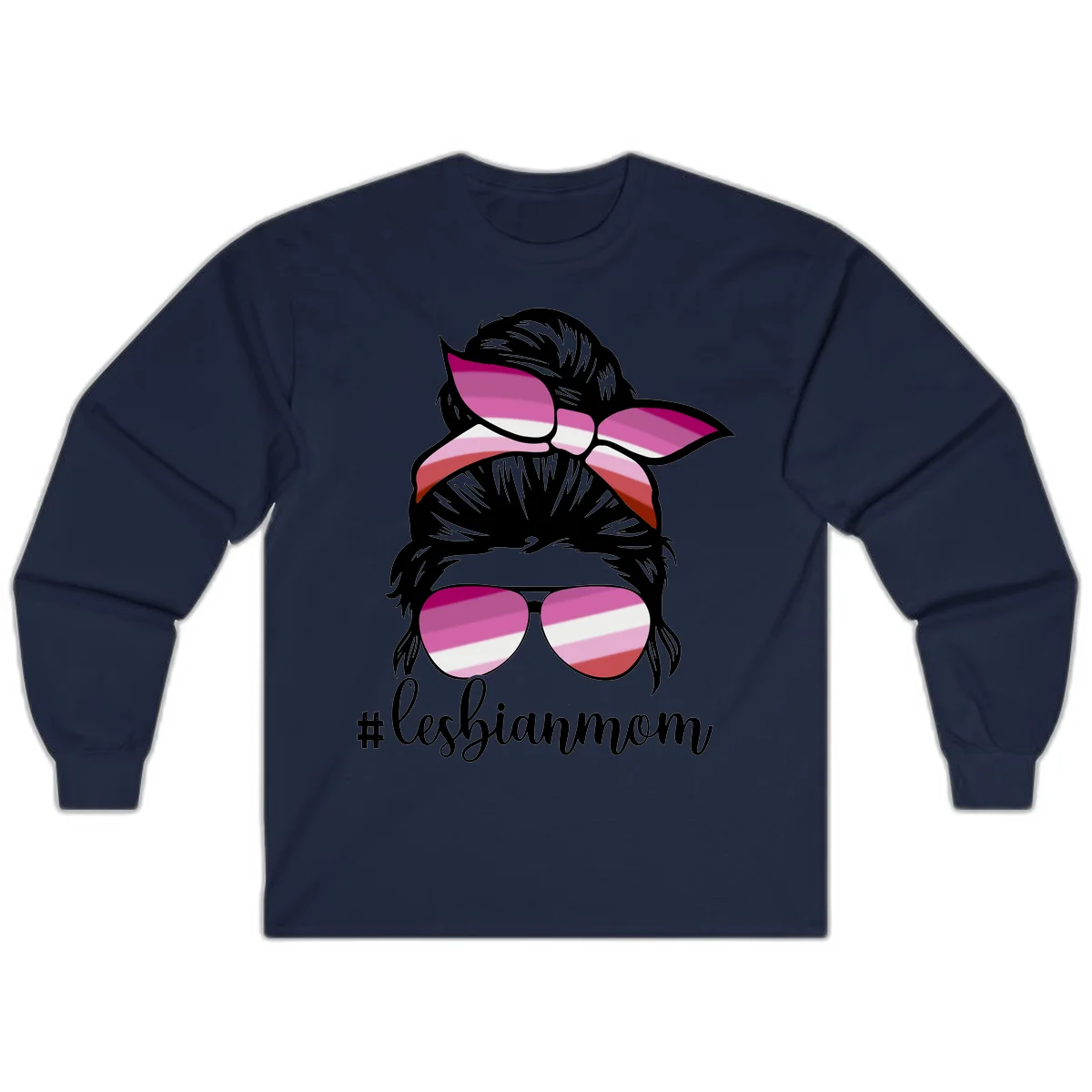 Illustration of a woman with black hair, pink bow, and aviator sunglasses featuring lesbian pride flag stripes with #lesbianmom text in Navy