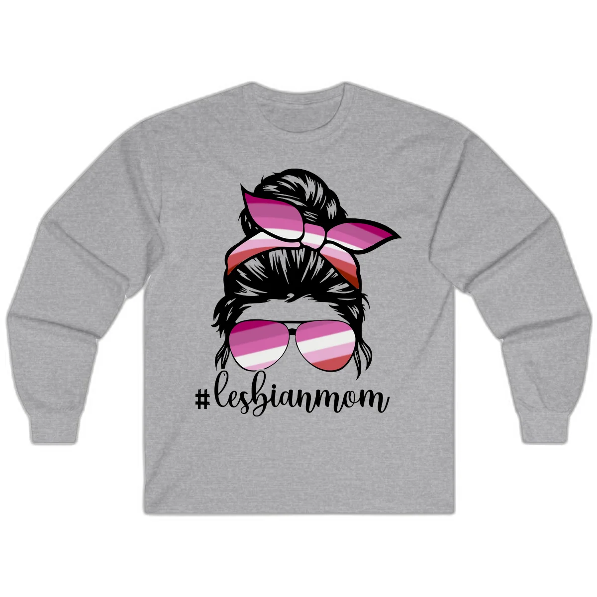 Illustration of a woman with black hair, pink bow, and aviator sunglasses featuring lesbian pride flag stripes with #lesbianmom text in Sport Grey