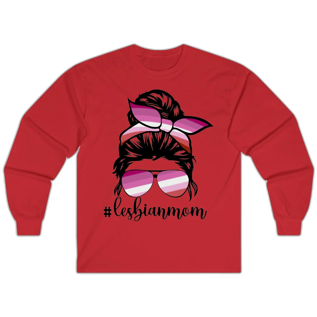 Illustration of a woman with black hair, pink bow, and aviator sunglasses featuring lesbian pride flag stripes with #lesbianmom text in Red