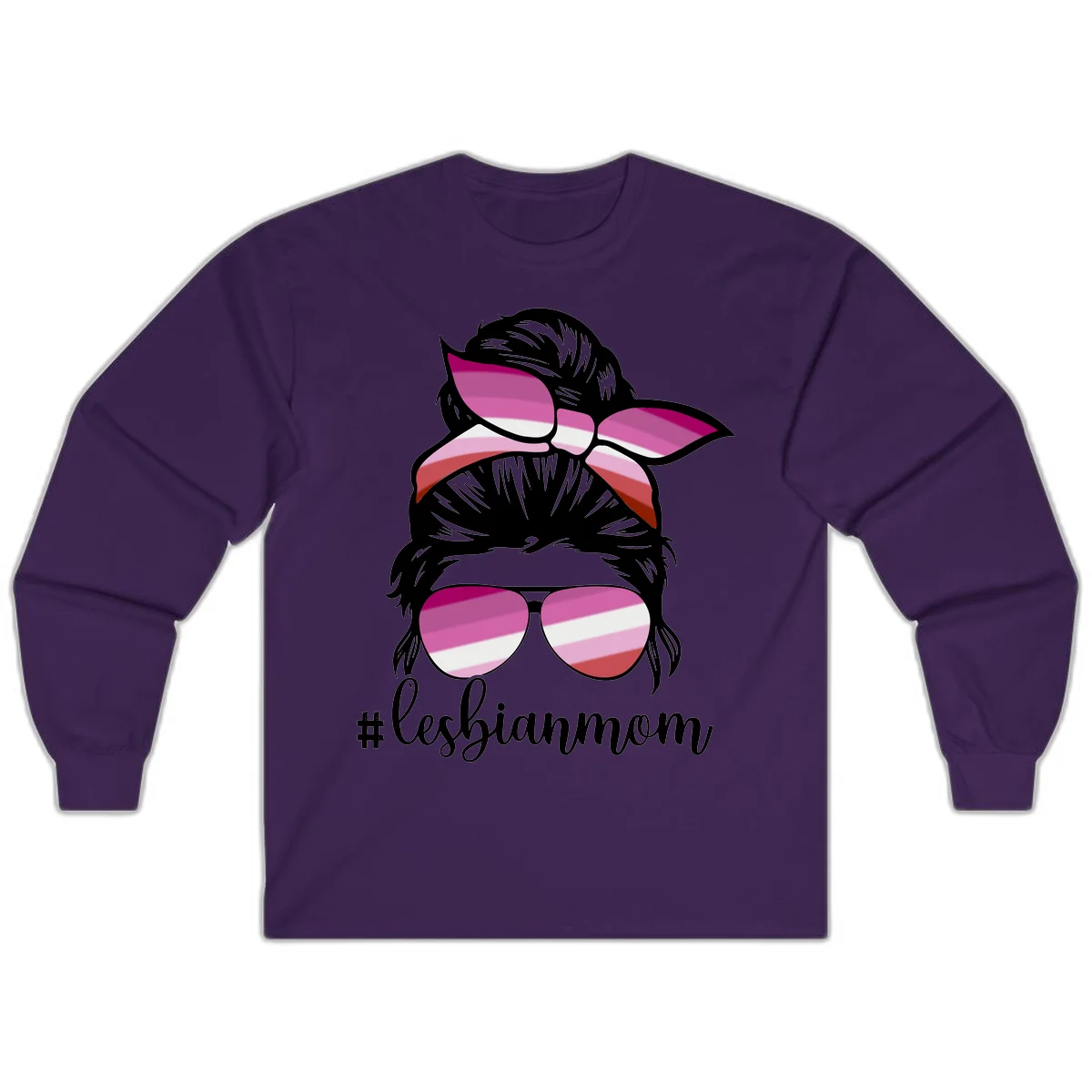 Illustration of a woman with black hair, pink bow, and aviator sunglasses featuring lesbian pride flag stripes with #lesbianmom text in Purple