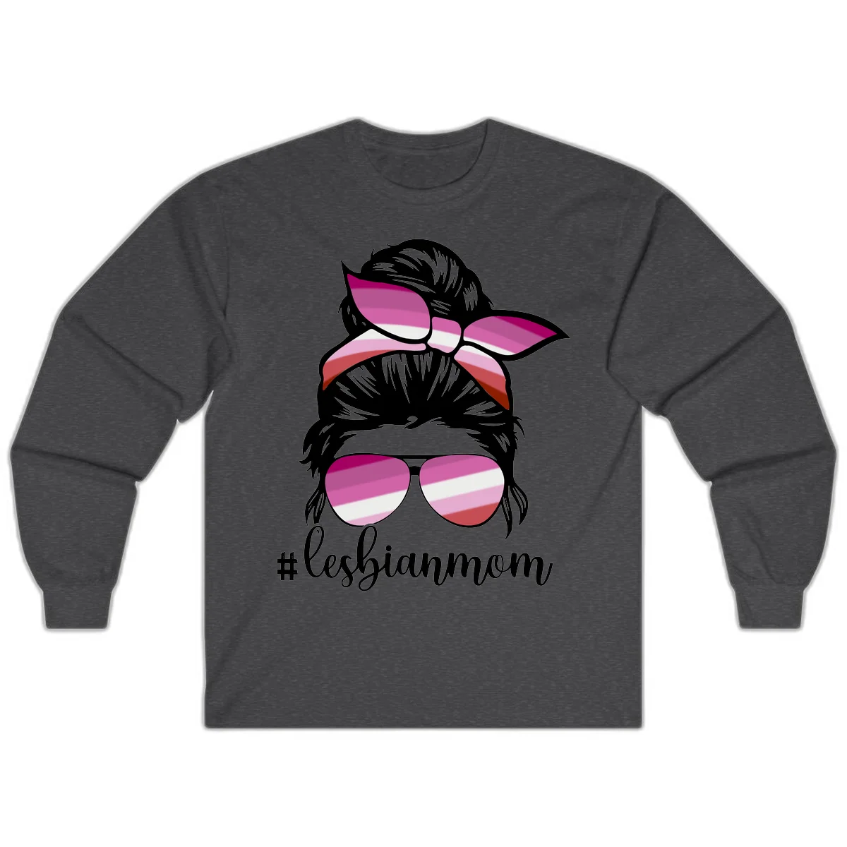 Illustration of a woman with black hair, pink bow, and aviator sunglasses featuring lesbian pride flag stripes with #lesbianmom text in Dark Heather