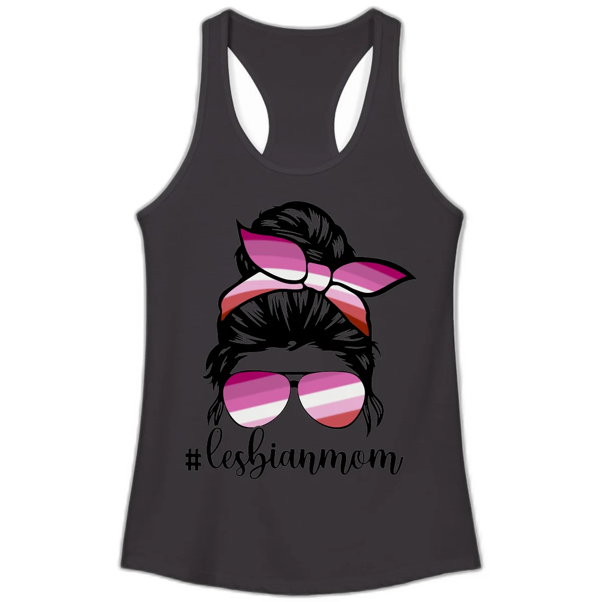 Illustration of a woman with black hair, pink bow, and aviator sunglasses featuring lesbian pride flag stripes with #lesbianmom text in Black