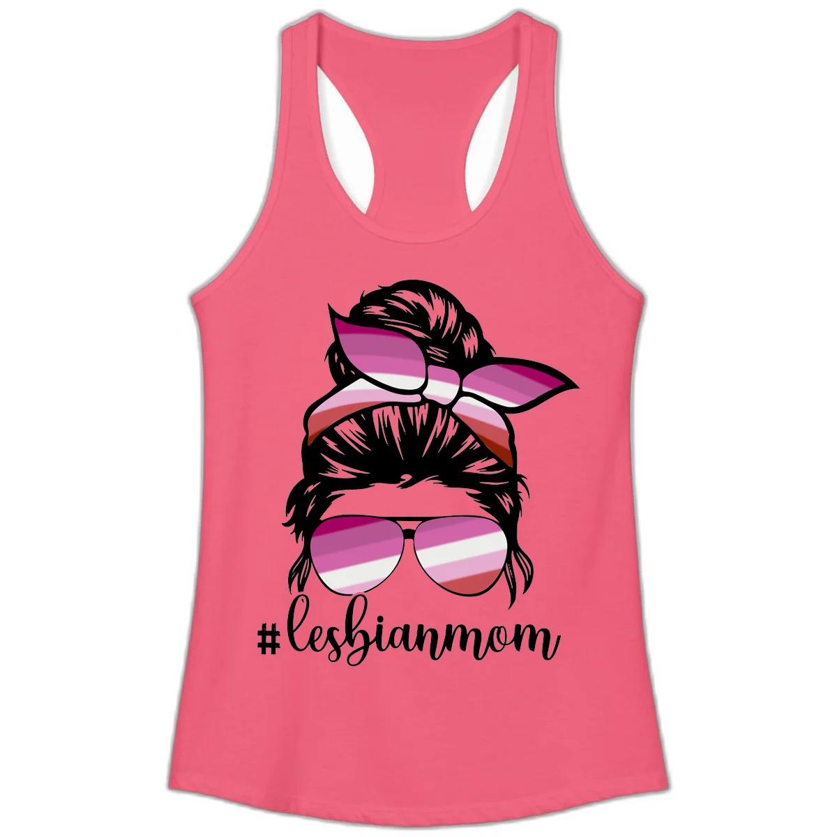 Illustration of a woman with black hair, pink bow, and aviator sunglasses featuring lesbian pride flag stripes with #lesbianmom text in Hot Pink