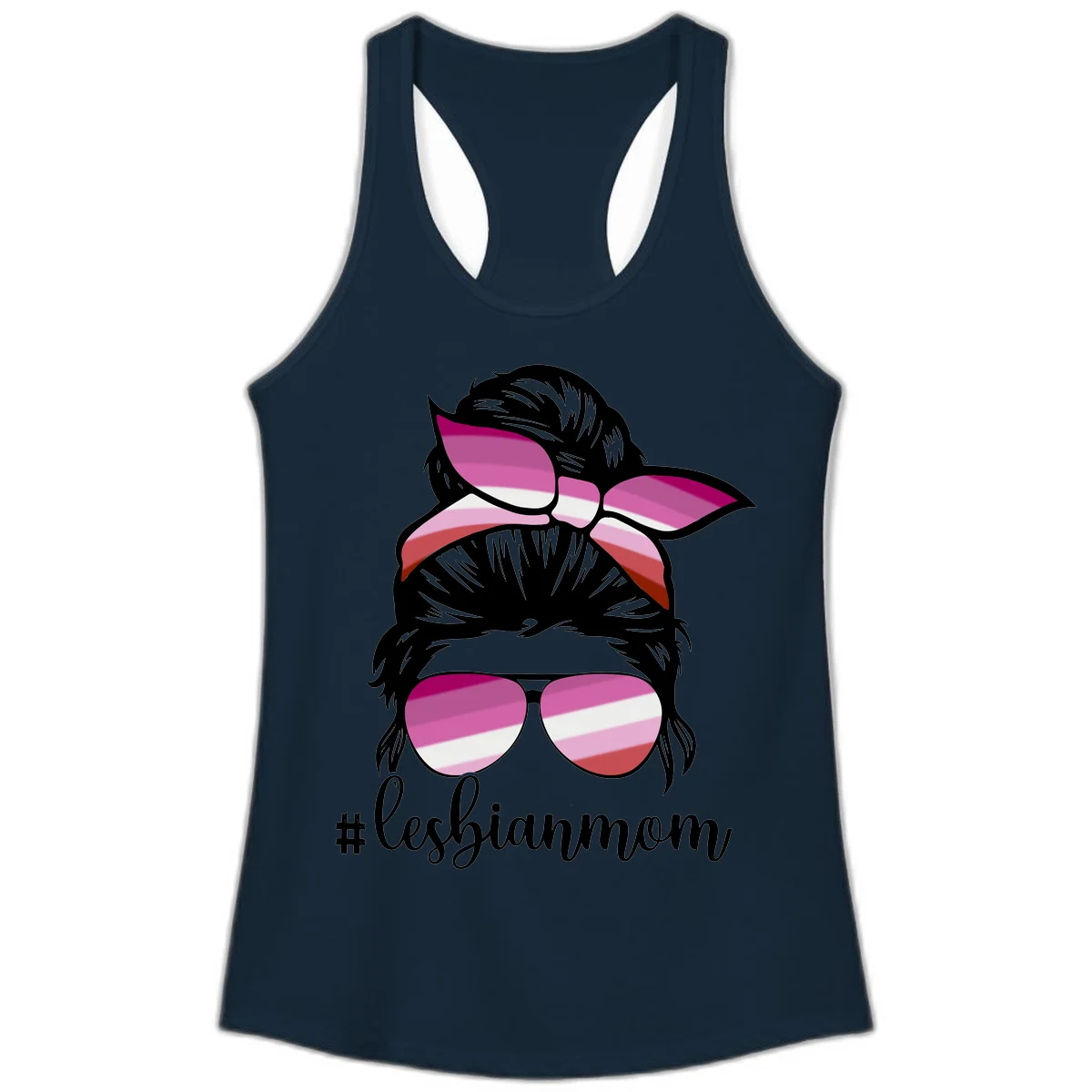 Illustration of a woman with black hair, pink bow, and aviator sunglasses featuring lesbian pride flag stripes with #lesbianmom text in Solid Midnight Navy