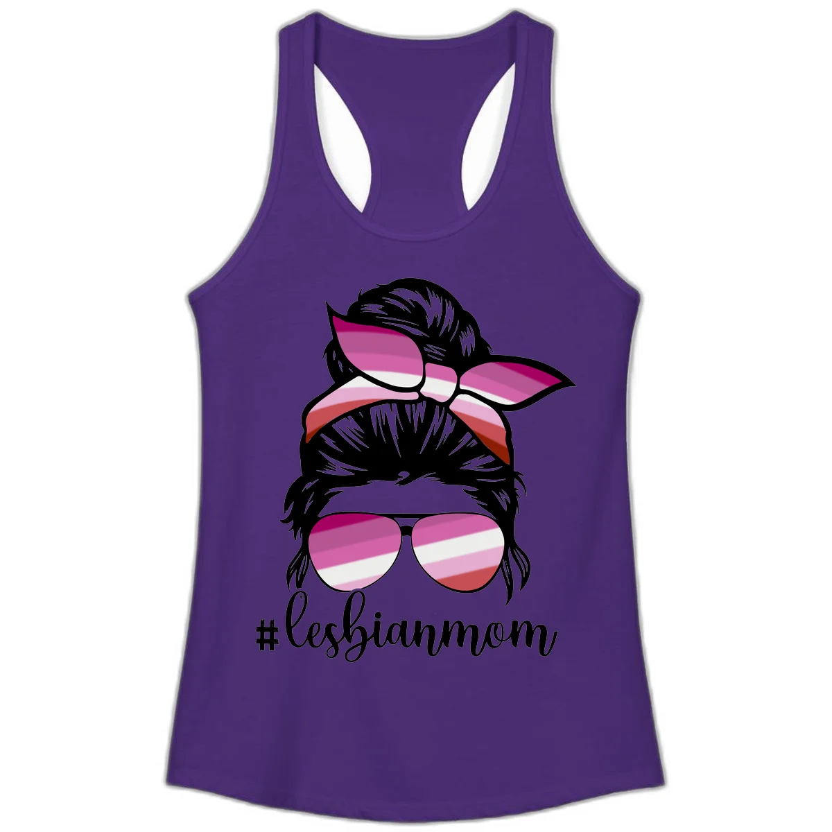 Illustration of a woman with black hair, pink bow, and aviator sunglasses featuring lesbian pride flag stripes with #lesbianmom text in Solid Purple Rush