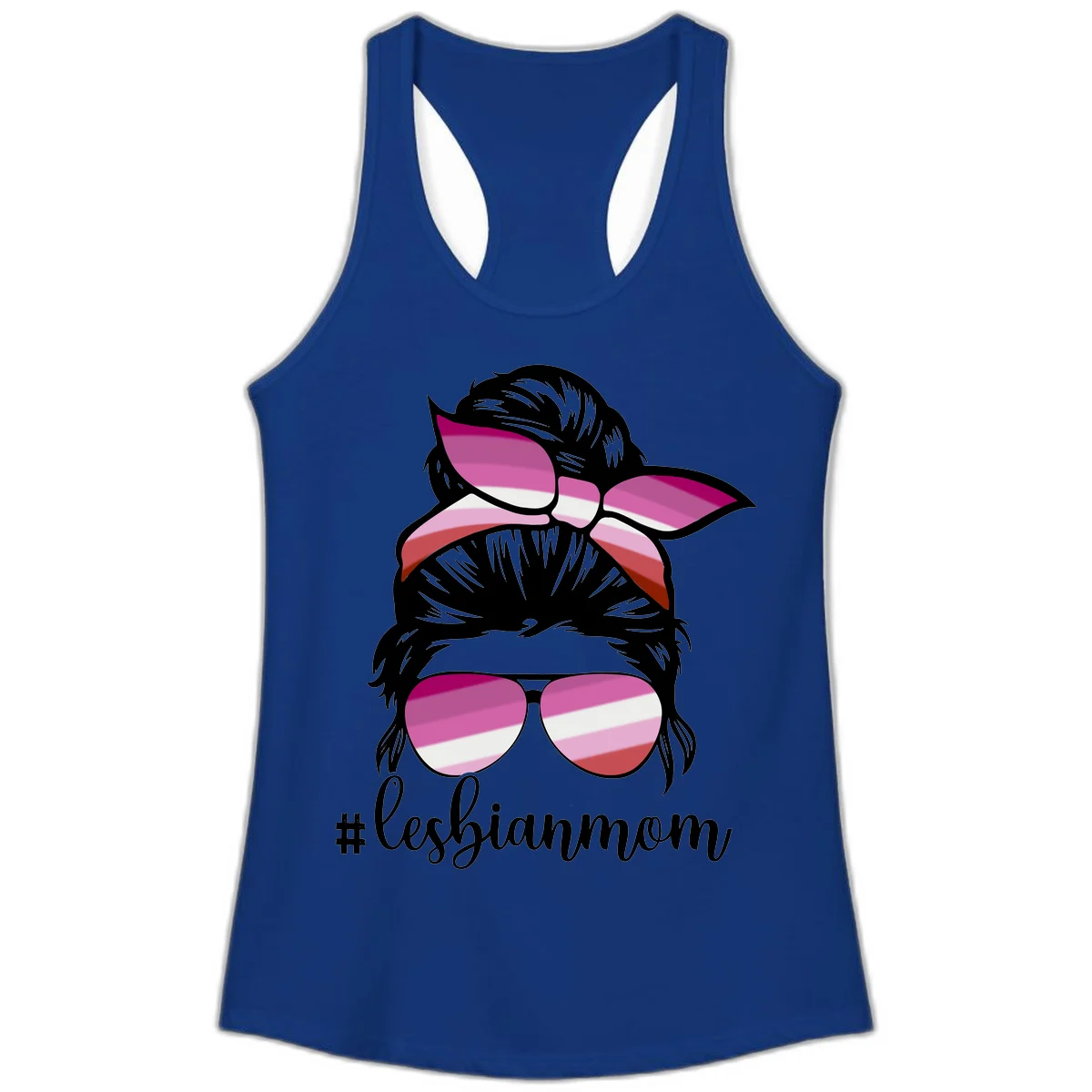 Illustration of a woman with black hair, pink bow, and aviator sunglasses featuring lesbian pride flag stripes with #lesbianmom text in Solid Royal