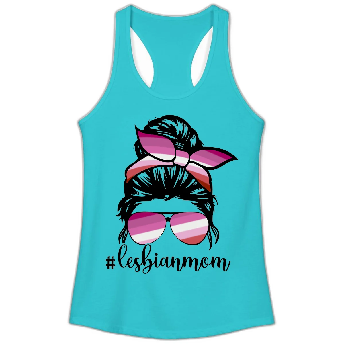Illustration of a woman with black hair, pink bow, and aviator sunglasses featuring lesbian pride flag stripes with #lesbianmom text in Solid Tahiti Blue
