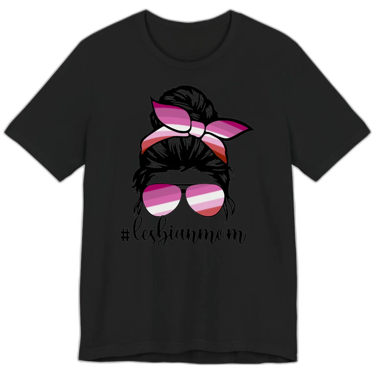 Illustration of a woman with black hair, pink bow, and aviator sunglasses featuring lesbian pride flag stripes with #lesbianmom text in Black