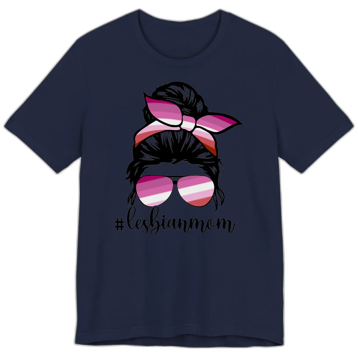 Illustration of a woman with black hair, pink bow, and aviator sunglasses featuring lesbian pride flag stripes with #lesbianmom text in Navy