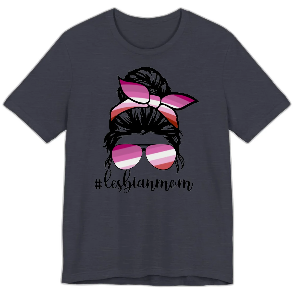 Illustration of a woman with black hair, pink bow, and aviator sunglasses featuring lesbian pride flag stripes with #lesbianmom text in Heather Midnight Navy