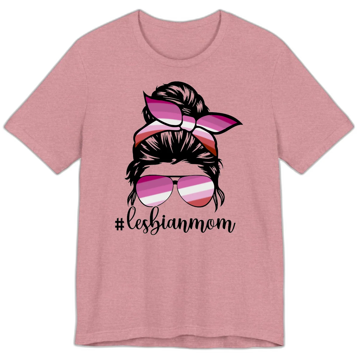 Illustration of a woman with black hair, pink bow, and aviator sunglasses featuring lesbian pride flag stripes with #lesbianmom text in Heather Orchid