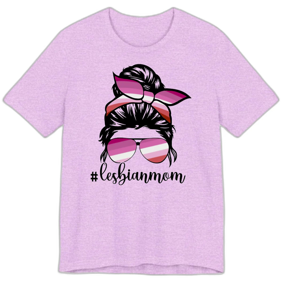 Illustration of a woman with black hair, pink bow, and aviator sunglasses featuring lesbian pride flag stripes with #lesbianmom text in Heather Prism Lilac
