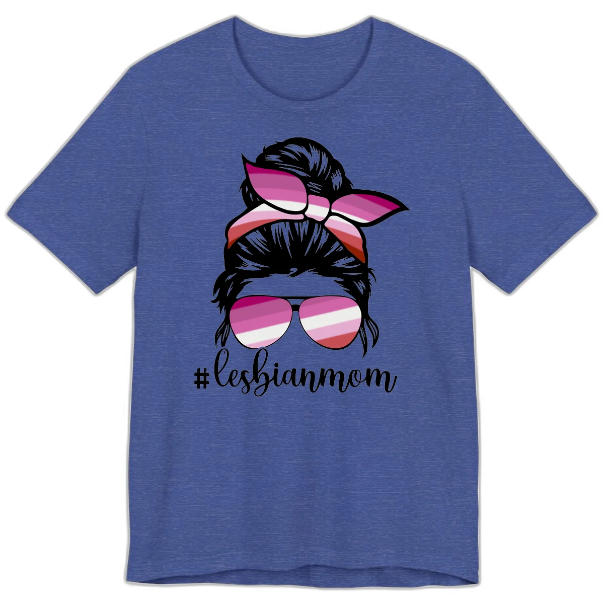 Illustration of a woman with black hair, pink bow, and aviator sunglasses featuring lesbian pride flag stripes with #lesbianmom text in Heather True Royal