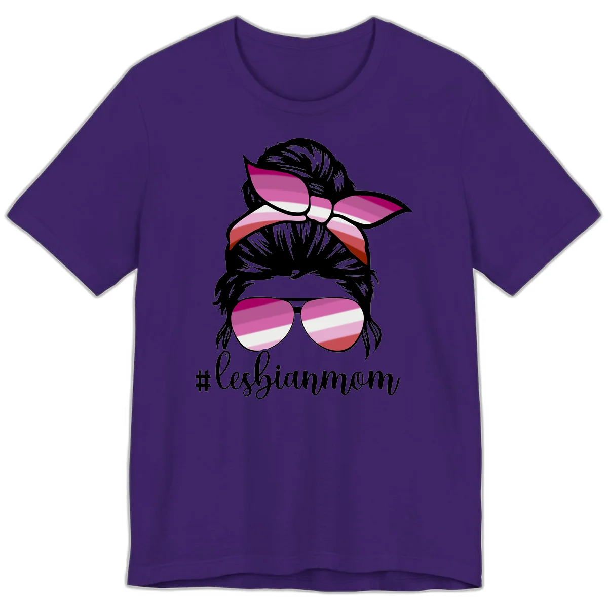 Illustration of a woman with black hair, pink bow, and aviator sunglasses featuring lesbian pride flag stripes with #lesbianmom text in Team Purple