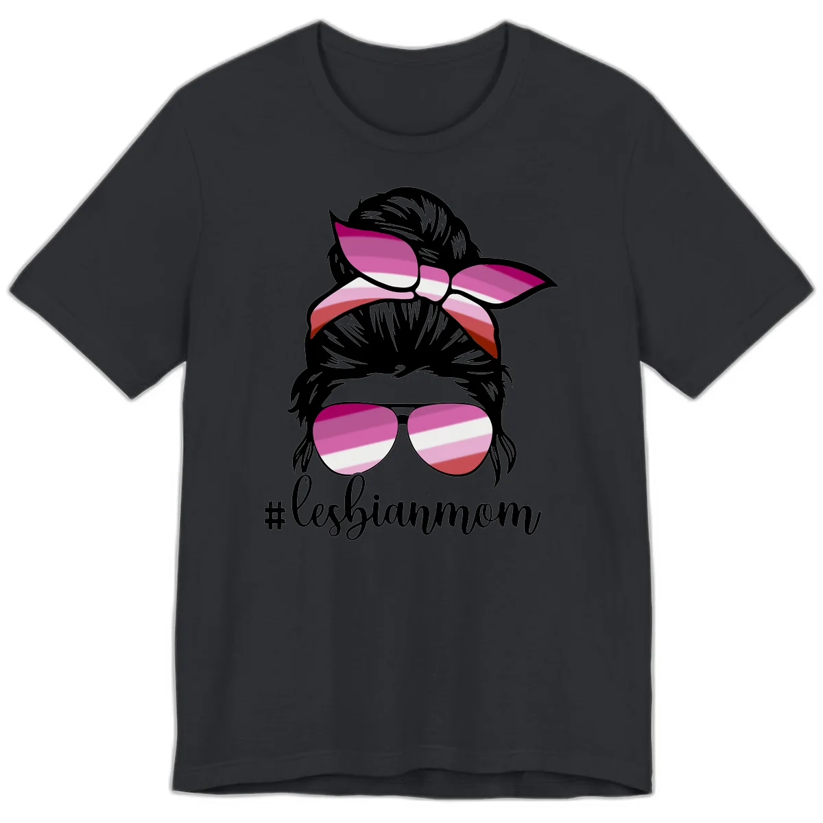Illustration of a woman with black hair, pink bow, and aviator sunglasses featuring lesbian pride flag stripes with #lesbianmom text in Vintage Black