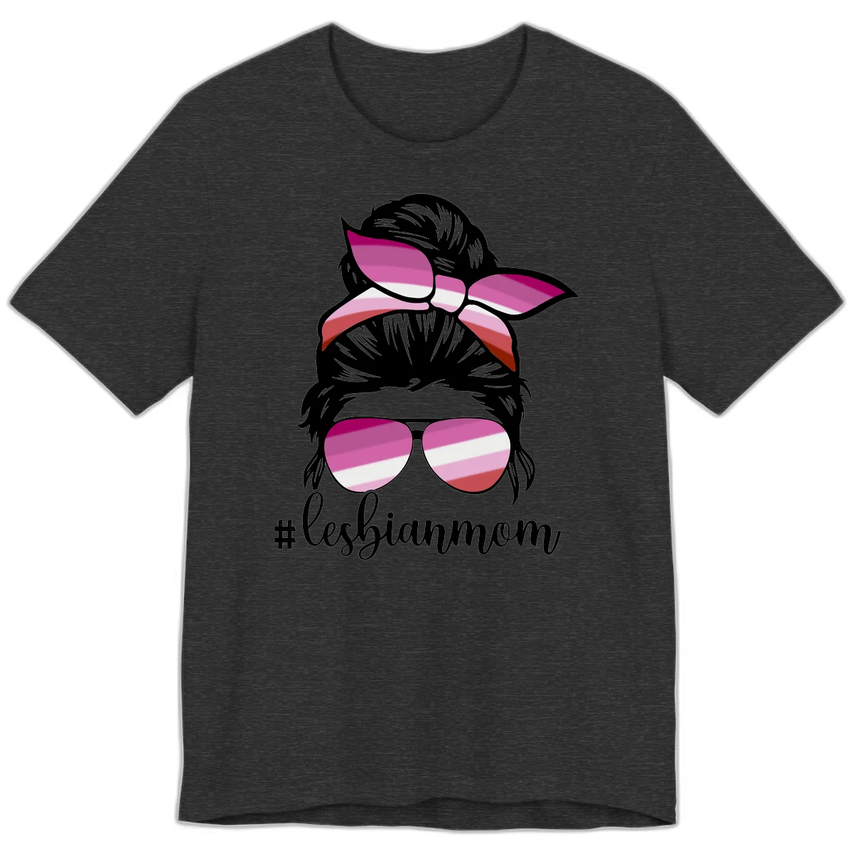 Illustration of a woman with black hair, pink bow, and aviator sunglasses featuring lesbian pride flag stripes with #lesbianmom text in Dark Grey Heather
