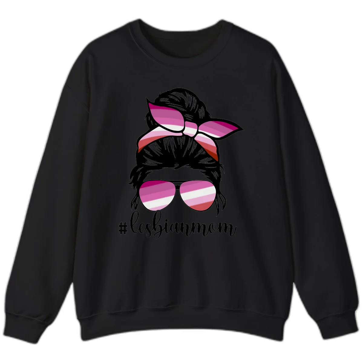 Illustration of a woman with black hair, pink bow, and aviator sunglasses featuring lesbian pride flag stripes with #lesbianmom text in Black