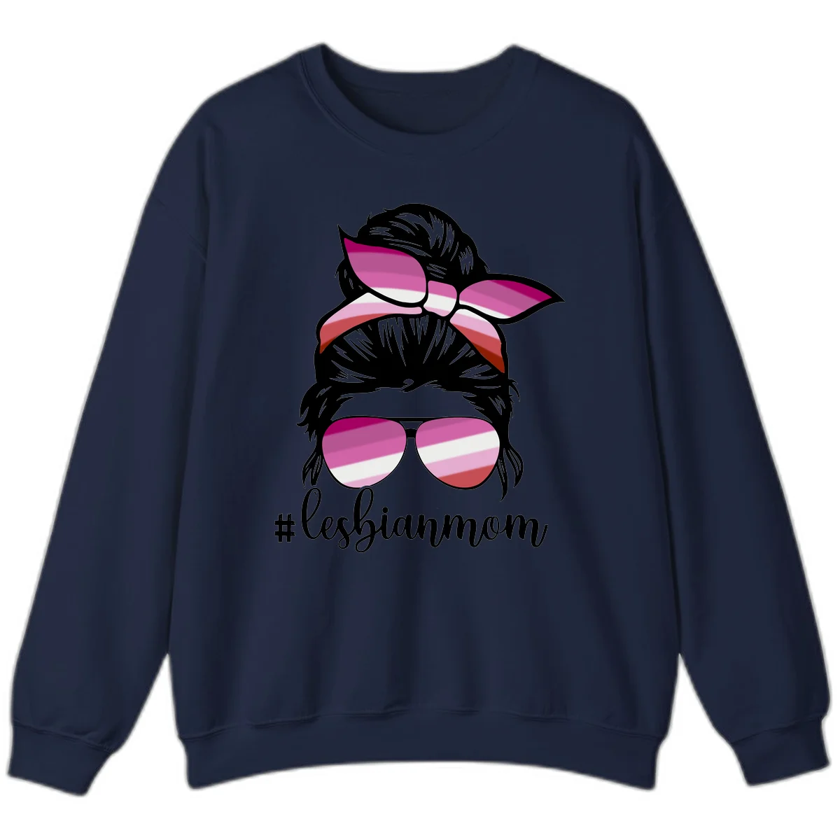 Illustration of a woman with black hair, pink bow, and aviator sunglasses featuring lesbian pride flag stripes with #lesbianmom text in Navy