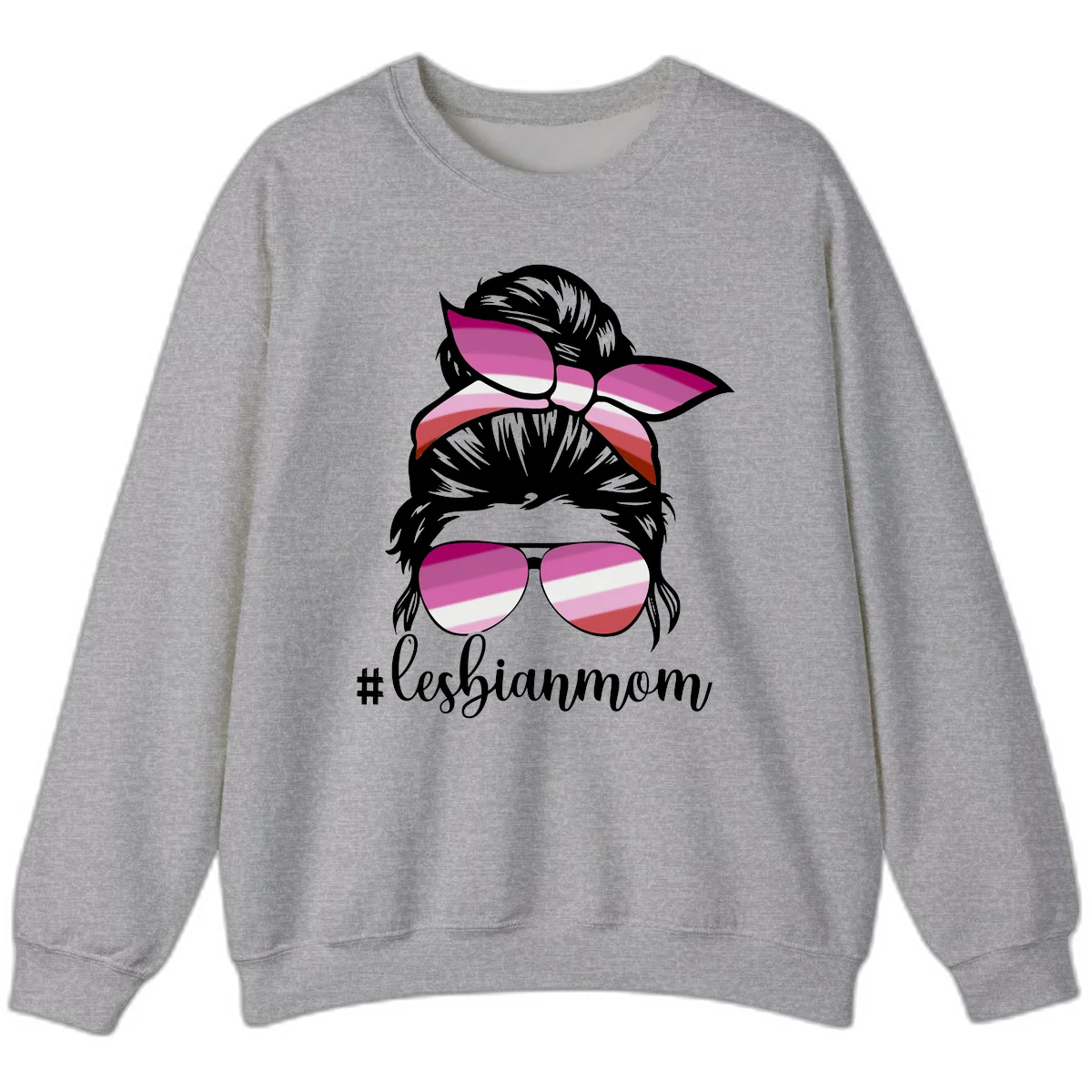 Illustration of a woman with black hair, pink bow, and aviator sunglasses featuring lesbian pride flag stripes with #lesbianmom text in Sport Grey