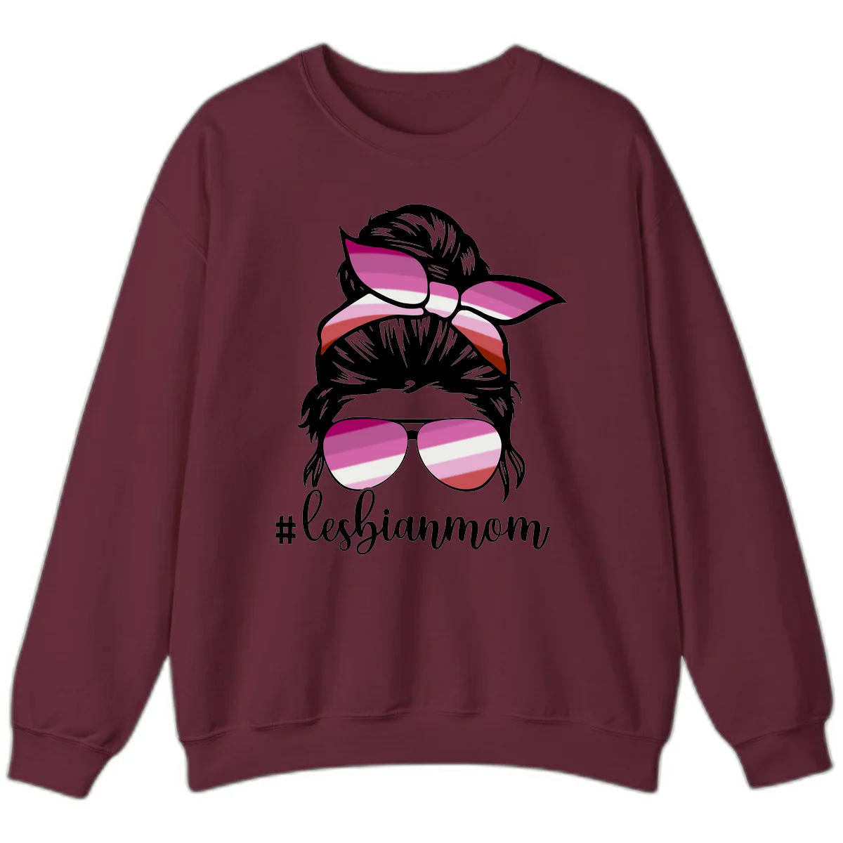 Illustration of a woman with black hair, pink bow, and aviator sunglasses featuring lesbian pride flag stripes with #lesbianmom text in Maroon