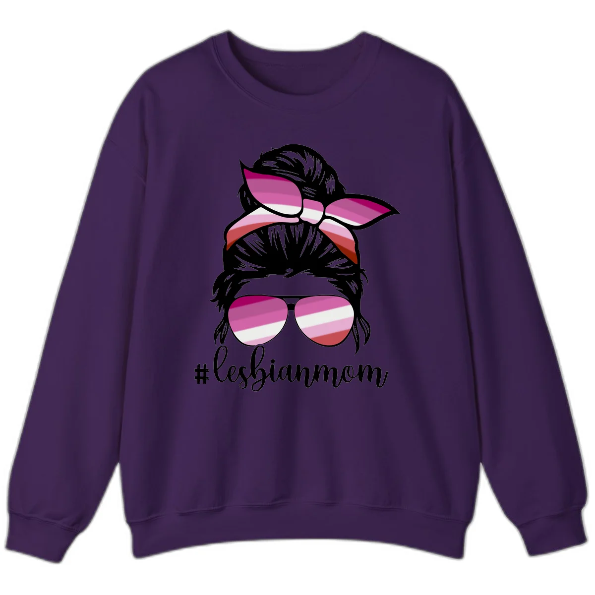Illustration of a woman with black hair, pink bow, and aviator sunglasses featuring lesbian pride flag stripes with #lesbianmom text in Purple