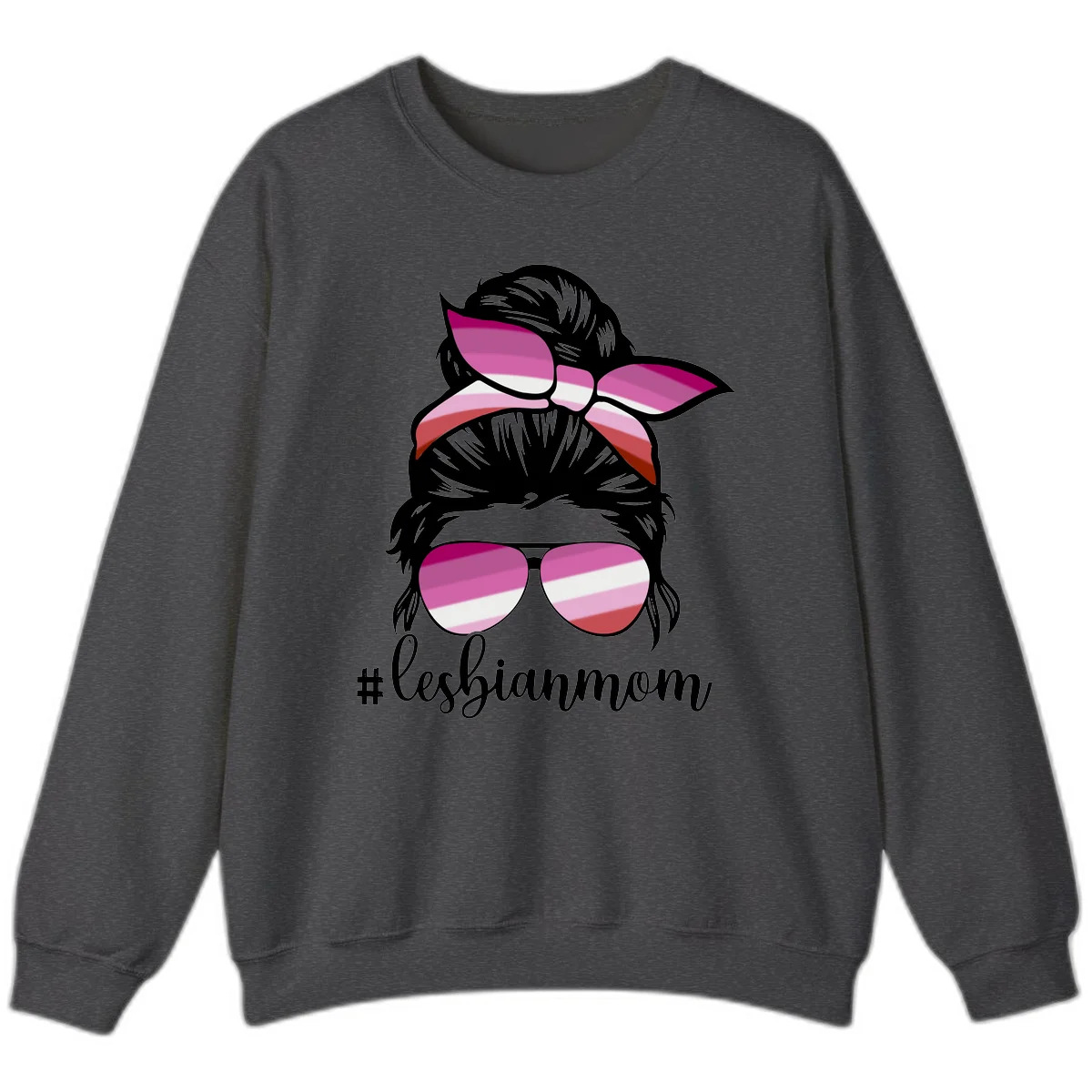Illustration of a woman with black hair, pink bow, and aviator sunglasses featuring lesbian pride flag stripes with #lesbianmom text in Dark Heather
