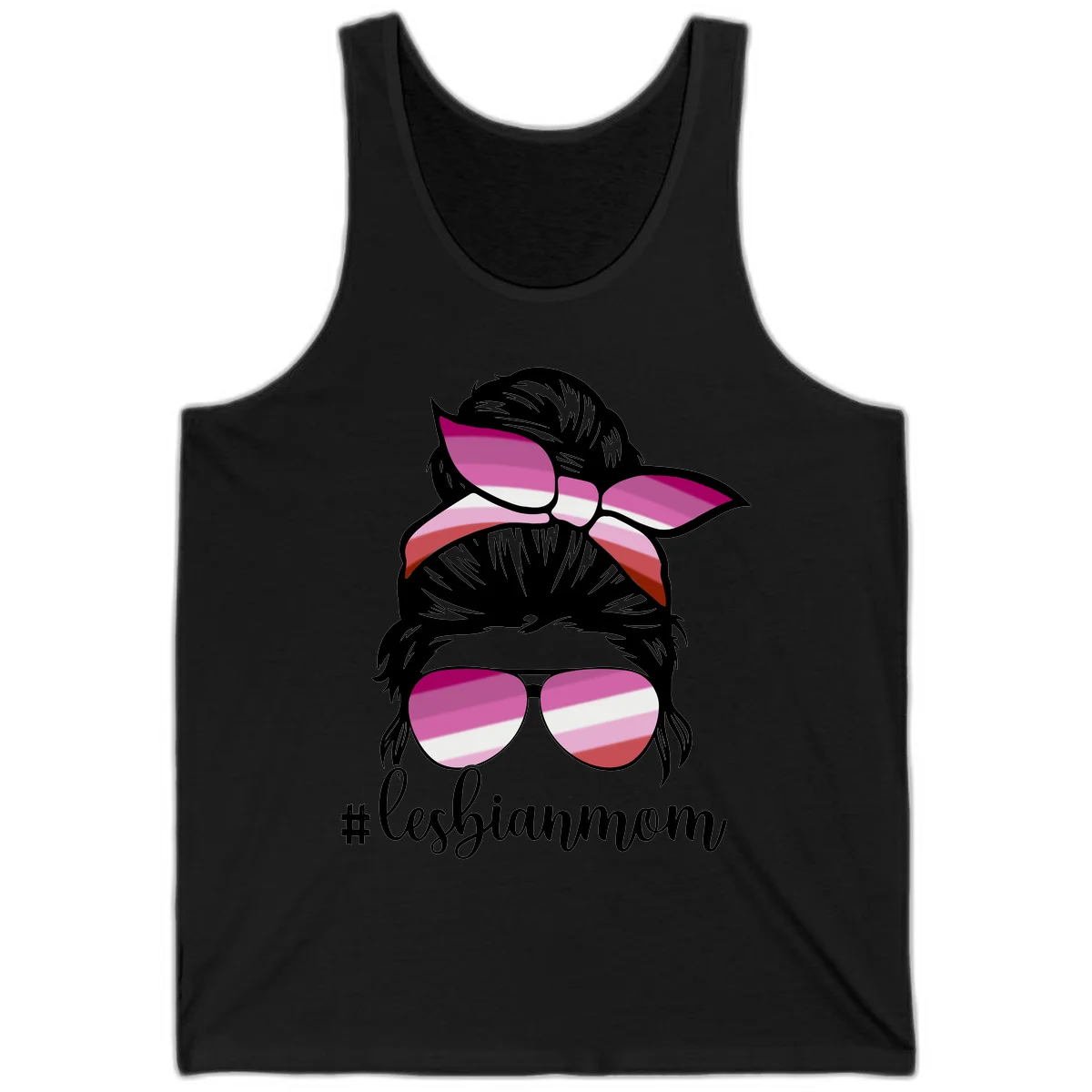 Illustration of a woman with black hair, pink bow, and aviator sunglasses featuring lesbian pride flag stripes with #lesbianmom text in Black