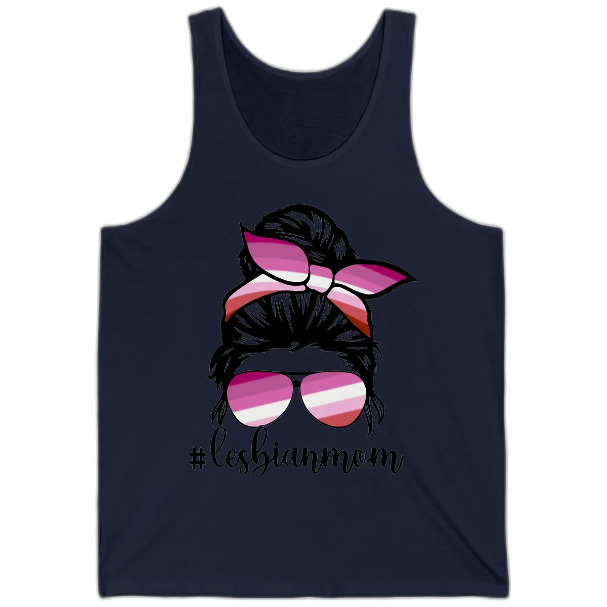 Illustration of a woman with black hair, pink bow, and aviator sunglasses featuring lesbian pride flag stripes with #lesbianmom text in Navy