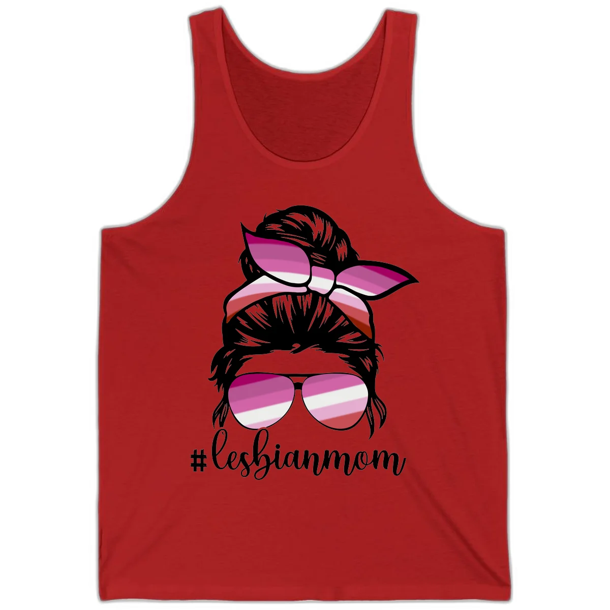 Illustration of a woman with black hair, pink bow, and aviator sunglasses featuring lesbian pride flag stripes with #lesbianmom text in Red