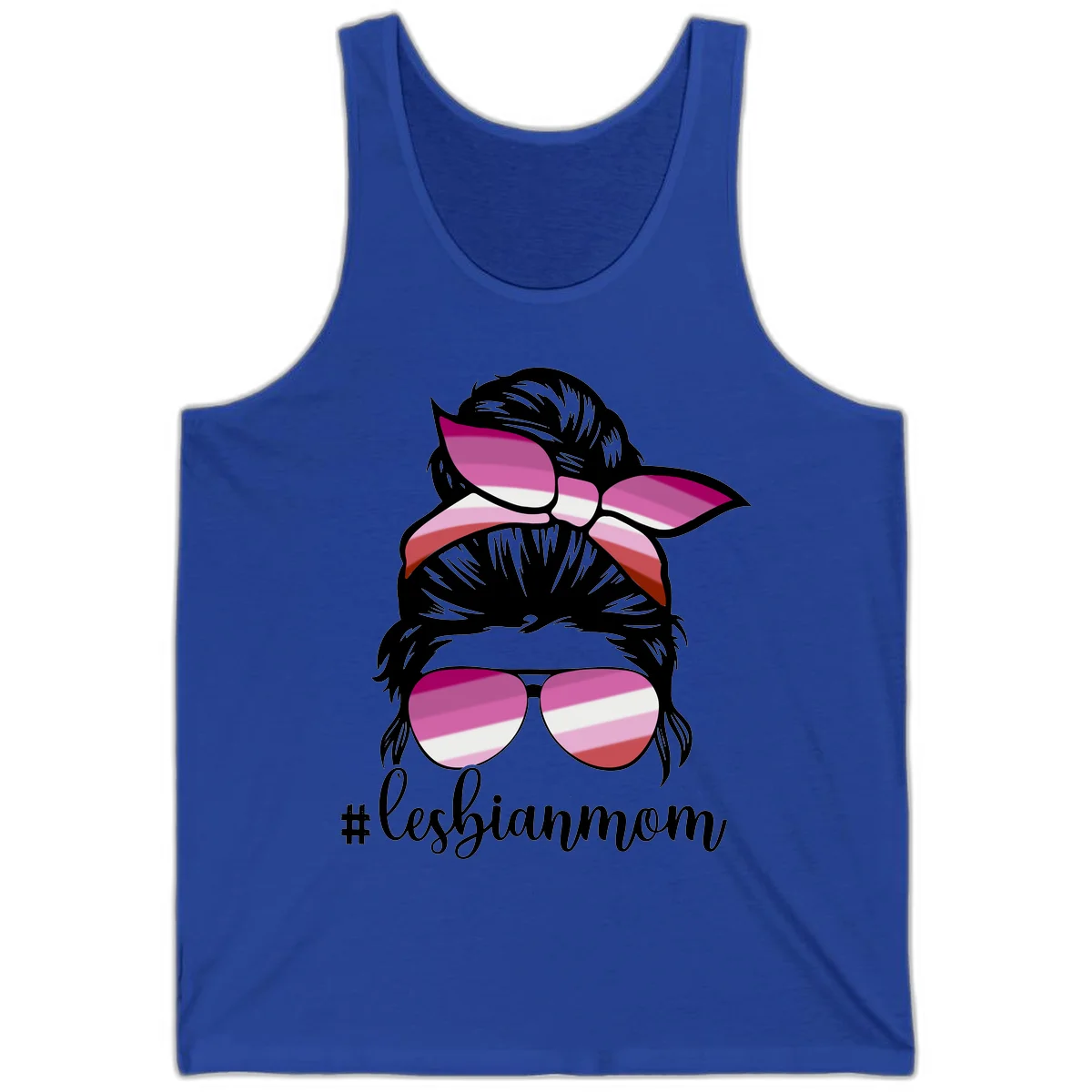 Illustration of a woman with black hair, pink bow, and aviator sunglasses featuring lesbian pride flag stripes with #lesbianmom text in True Royal