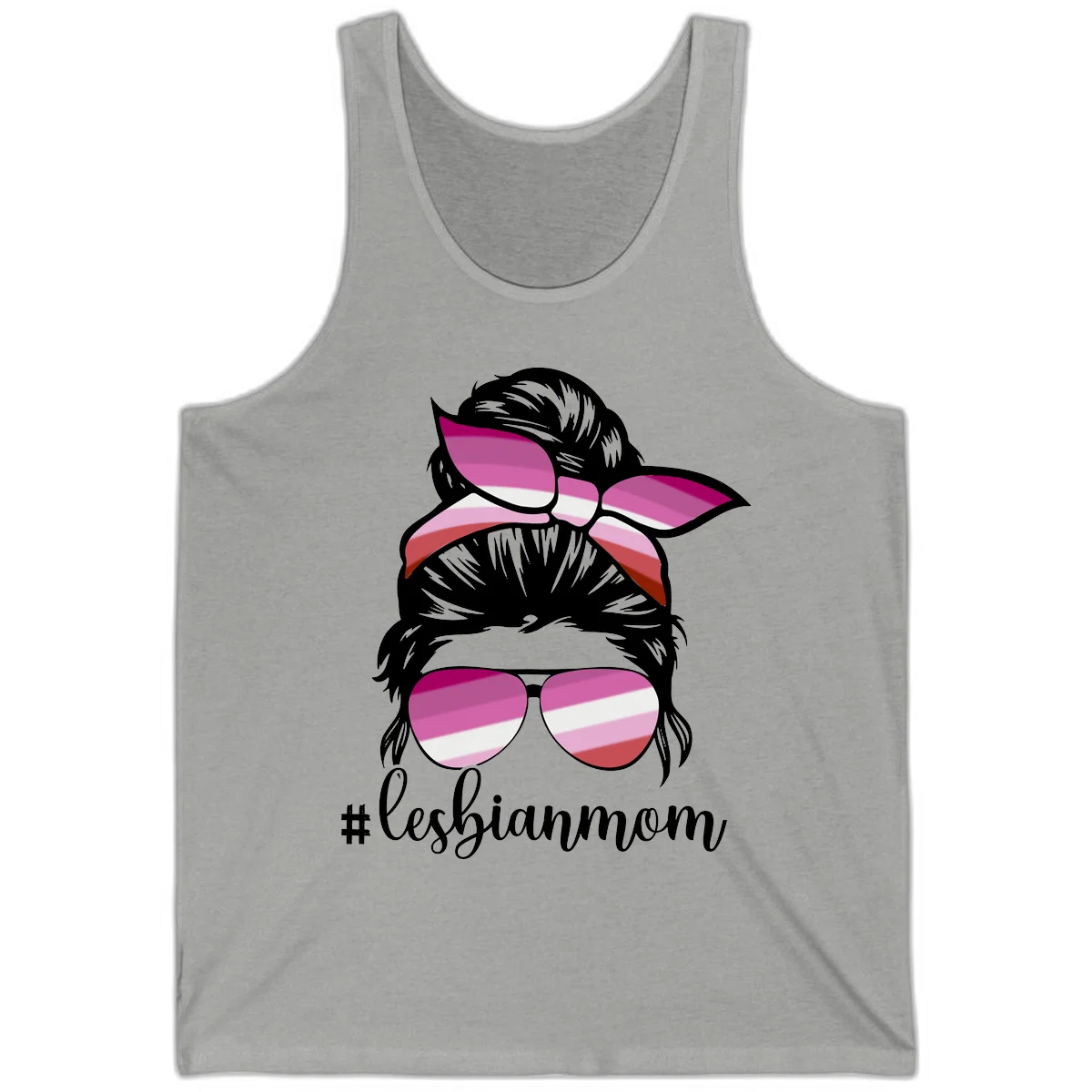 Illustration of a woman with black hair, pink bow, and aviator sunglasses featuring lesbian pride flag stripes with #lesbianmom text in Athletic Heather
