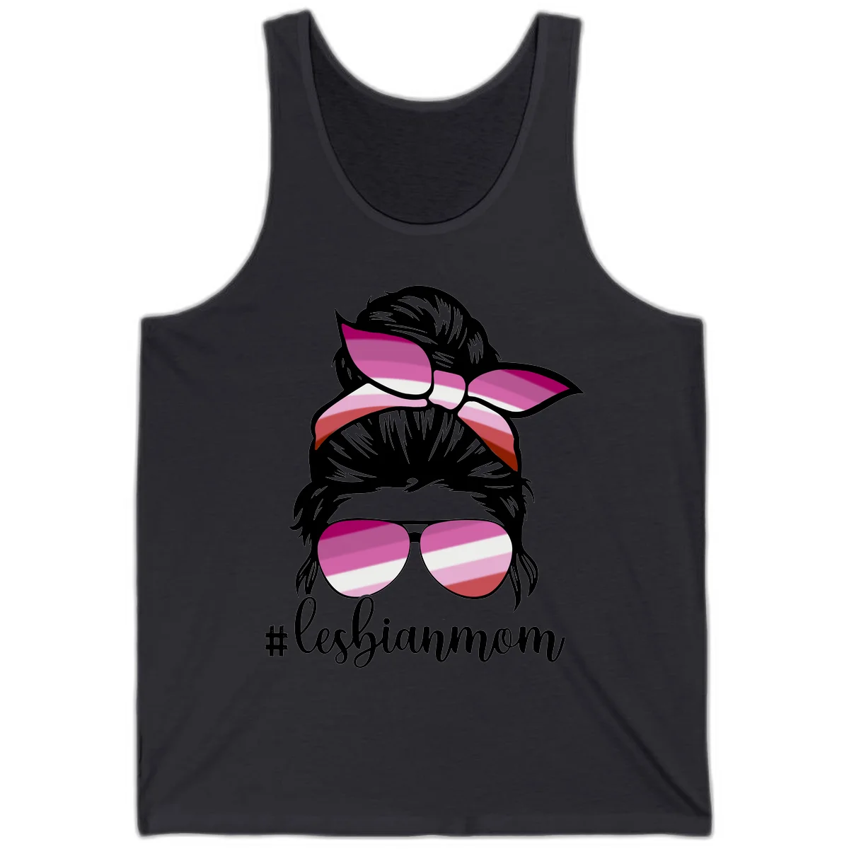 Illustration of a woman with black hair, pink bow, and aviator sunglasses featuring lesbian pride flag stripes with #lesbianmom text in Dark Grey