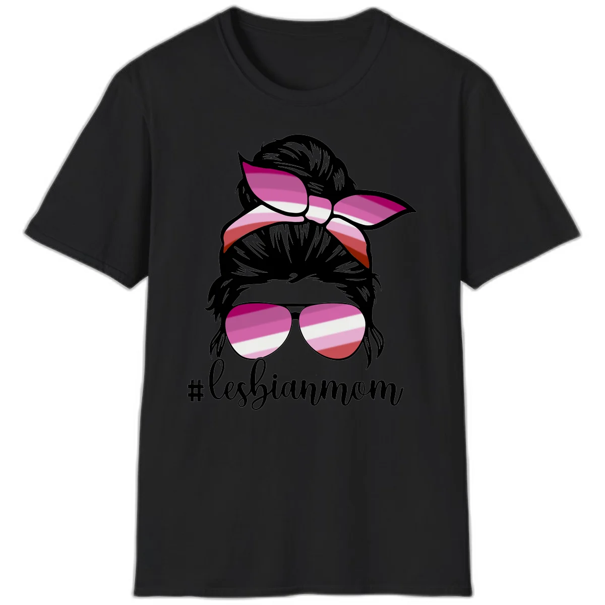 Illustration of a woman with black hair, pink bow, and aviator sunglasses featuring lesbian pride flag stripes with #lesbianmom text in Black