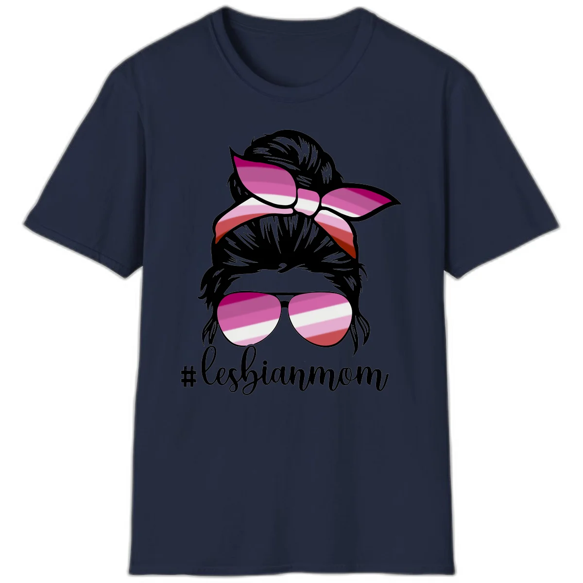 Illustration of a woman with black hair, pink bow, and aviator sunglasses featuring lesbian pride flag stripes with #lesbianmom text in Navy