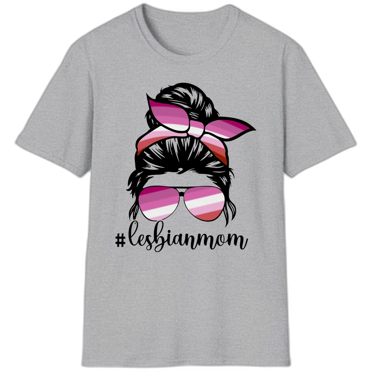 Illustration of a woman with black hair, pink bow, and aviator sunglasses featuring lesbian pride flag stripes with #lesbianmom text in Sport Grey